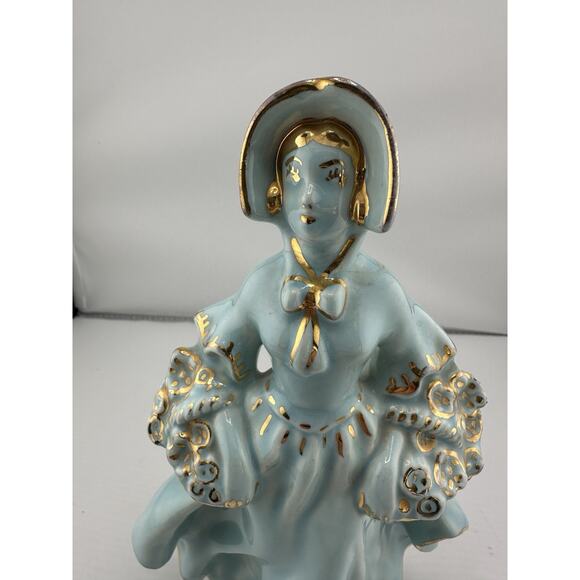 Vintage Porcelain Victorian Style Lady w/ Baskets Figurine Turquoise Glaze Gilt - Picture 3 of 9